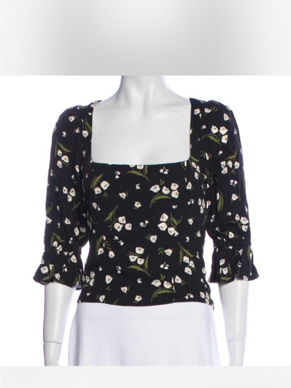 Reformation Black Floral Square-Neck Puff Sleeve Top
